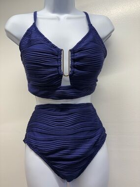 Navy Textured High-Waist Bikini Set with U-wire Detail cut out swimsuit Large